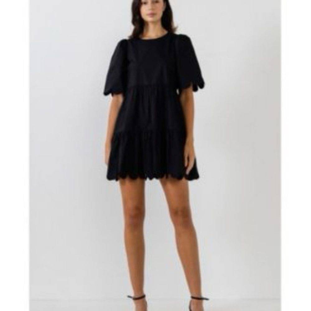 English Factory Black Mini Dress with Puff Sleeves